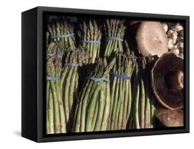 Asparagus and Mushrooms at Stall in Pike Place Market, Seattle, Washington, USA-Connie Ricca-Framed Stretched Canvas