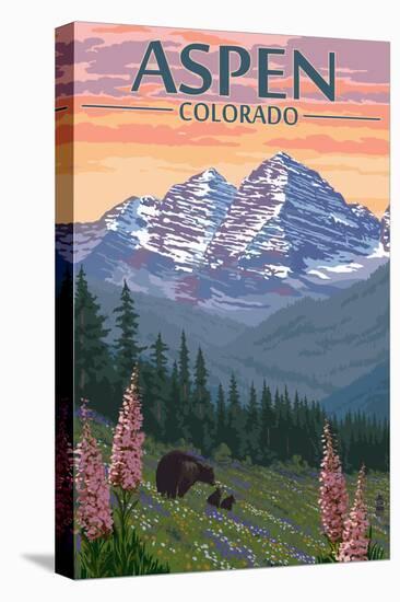 Aspen, Colorado - Bear and Spring Flowers-Lantern Press-Stretched Canvas
