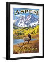 Aspen, Colorado - Mountains and Elk-Lantern Press-Framed Art Print