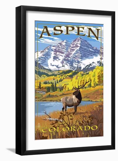 Aspen, Colorado - Mountains and Elk-Lantern Press-Framed Art Print