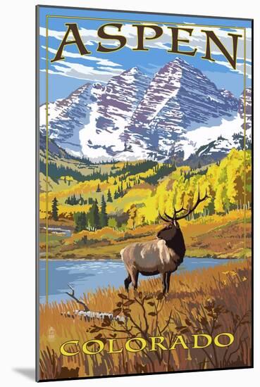 Aspen, Colorado - Mountains and Elk-Lantern Press-Mounted Art Print