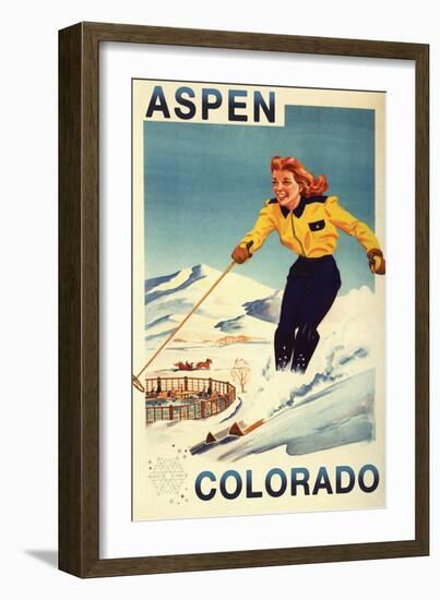 Aspen, Colorado - Red-Headed Woman Skiing-Lantern Press-Framed Art Print