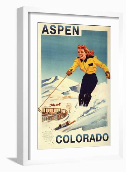 Aspen, Colorado - Red-Headed Woman Skiing-Lantern Press-Framed Art Print