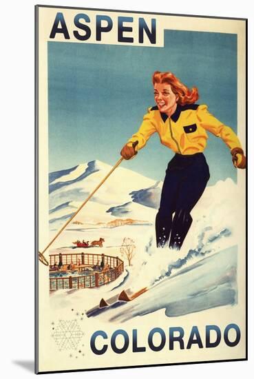 Aspen, Colorado - Red-Headed Woman Skiing-Lantern Press-Mounted Art Print