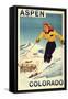 Aspen, Colorado - Red-Headed Woman Skiing-Lantern Press-Framed Stretched Canvas