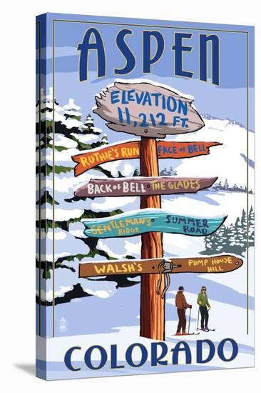 Aspen, Colorado - Ski Signpost-Lantern Press-Stretched Canvas