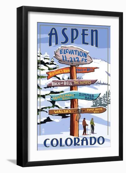 Aspen, Colorado - Ski Signpost-Lantern Press-Framed Art Print