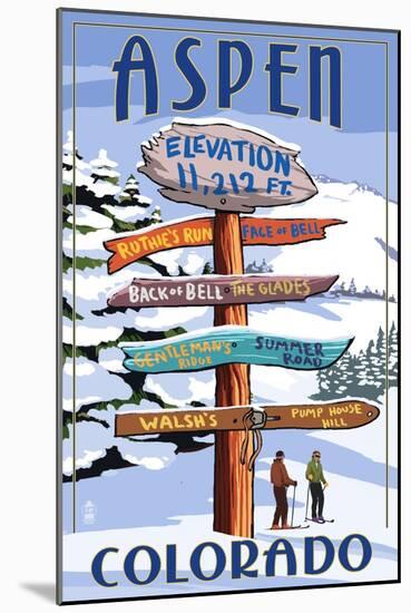 Aspen, Colorado - Ski Signpost-Lantern Press-Mounted Art Print