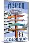 Aspen, Colorado - Ski Signpost-Lantern Press-Mounted Art Print