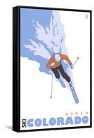 Aspen, Colorado, Stylized Skier-Lantern Press-Framed Stretched Canvas