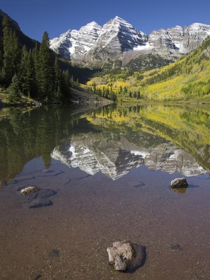 Aspens reflecting in lake under Maroon Bells, Colorado-Joseph Sohm-Stretched Canvas