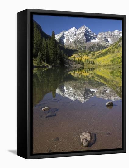 Aspens reflecting in lake under Maroon Bells, Colorado-Joseph Sohm-Framed Stretched Canvas