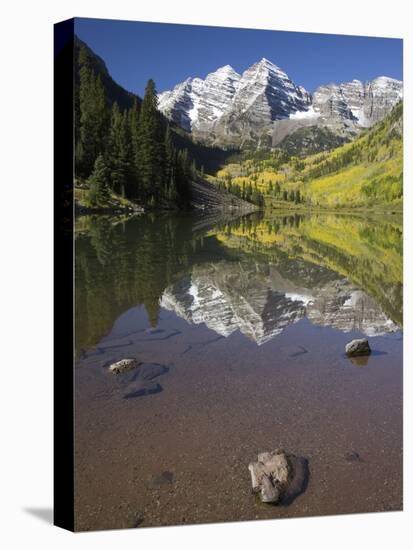 Aspens reflecting in lake under Maroon Bells, Colorado-Joseph Sohm-Stretched Canvas