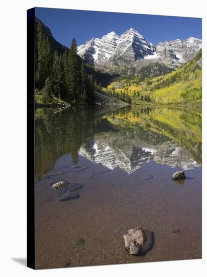 Aspens reflecting in lake under Maroon Bells, Colorado-Joseph Sohm-Stretched Canvas