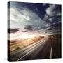 Asphalt Road in Field Against Moody Clouds at Sunset, Tuscany, Italy-null-Stretched Canvas