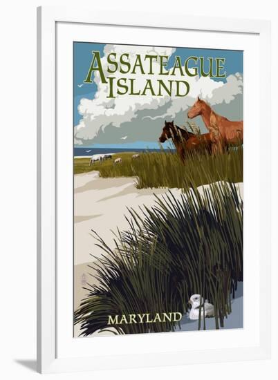 Assateague Island, Maryland - Horses and Dunes-Lantern Press-Framed Art Print