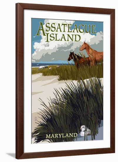 Assateague Island, Maryland - Horses and Dunes-Lantern Press-Framed Art Print