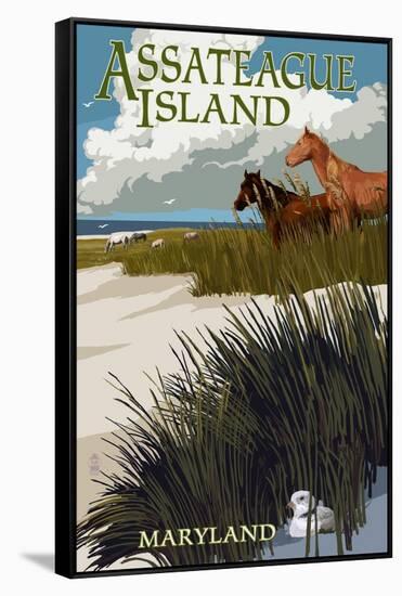 Assateague Island, Maryland - Horses and Dunes-Lantern Press-Framed Stretched Canvas
