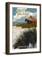 Assateague Island, Maryland - Horses and Dunes-Lantern Press-Framed Art Print