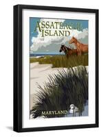 Assateague Island, Maryland - Horses and Dunes-Lantern Press-Framed Art Print