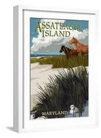 Assateague Island, Maryland - Horses and Dunes-Lantern Press-Framed Art Print