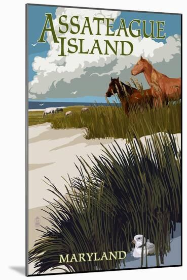 Assateague Island, Maryland - Horses and Dunes-Lantern Press-Mounted Art Print