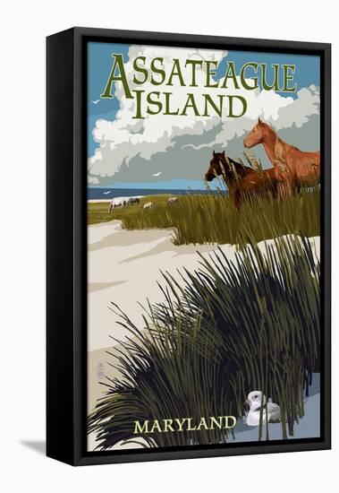 Assateague Island, Maryland - Horses and Dunes-Lantern Press-Framed Stretched Canvas