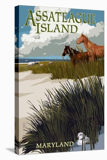 Assateague Island, Maryland - Horses and Dunes-Lantern Press-Stretched Canvas