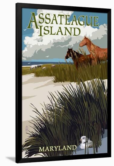 Assateague Island, Maryland - Horses and Dunes-Lantern Press-Framed Art Print