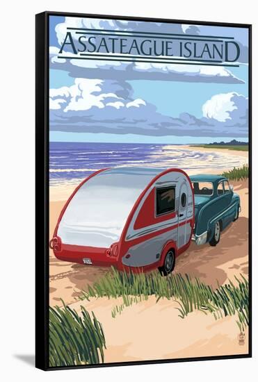 Assateague Island - Retro Camper on Beach-Lantern Press-Framed Stretched Canvas