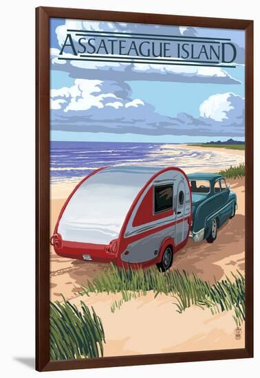 Assateague Island - Retro Camper on Beach-Lantern Press-Framed Art Print