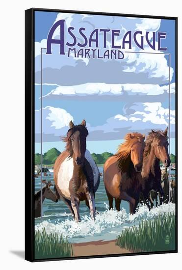 Assateague, Maryland - Pony Swim-Lantern Press-Framed Stretched Canvas