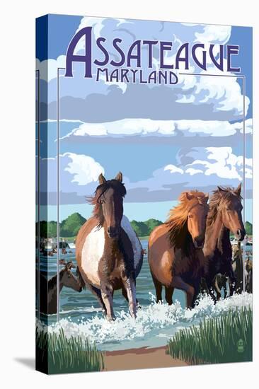 Assateague, Maryland - Pony Swim-Lantern Press-Stretched Canvas