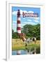 Assateague, Virginia - Lighthouse and Horses-Lantern Press-Framed Art Print