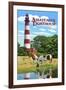 Assateague, Virginia - Lighthouse and Horses-Lantern Press-Framed Art Print