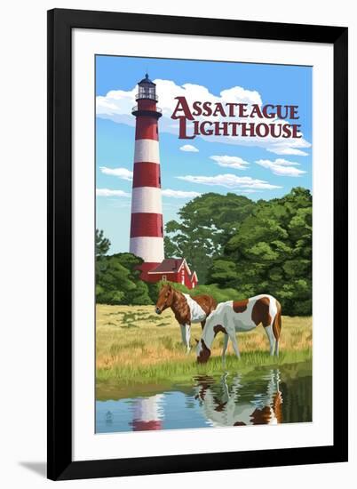 Assateague, Virginia - Lighthouse and Horses-Lantern Press-Framed Art Print