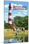 Assateague, Virginia - Lighthouse and Horses-Lantern Press-Mounted Art Print