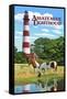 Assateague, Virginia - Lighthouse and Horses-Lantern Press-Framed Stretched Canvas