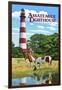 Assateague, Virginia - Lighthouse and Horses-Lantern Press-Framed Art Print