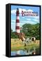 Assateague, Virginia - Lighthouse and Horses-Lantern Press-Framed Stretched Canvas