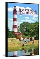 Assateague, Virginia - Lighthouse and Horses-Lantern Press-Framed Stretched Canvas