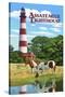 Assateague, Virginia - Lighthouse and Horses-Lantern Press-Stretched Canvas