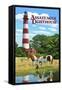 Assateague, Virginia - Lighthouse and Horses-Lantern Press-Framed Stretched Canvas