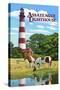 Assateague, Virginia - Lighthouse and Horses-Lantern Press-Stretched Canvas