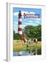 Assateague, Virginia - Lighthouse and Horses-Lantern Press-Framed Art Print