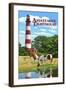 Assateague, Virginia - Lighthouse and Horses-Lantern Press-Framed Art Print