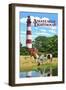 Assateague, Virginia - Lighthouse and Horses-Lantern Press-Framed Art Print