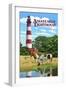 Assateague, Virginia - Lighthouse and Horses-Lantern Press-Framed Art Print