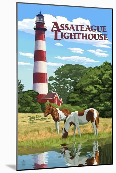 Assateague, Virginia - Lighthouse and Horses-Lantern Press-Mounted Art Print