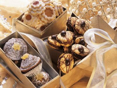 'Assorted Christmas Biscuits in Gift Boxes' Photographic Print